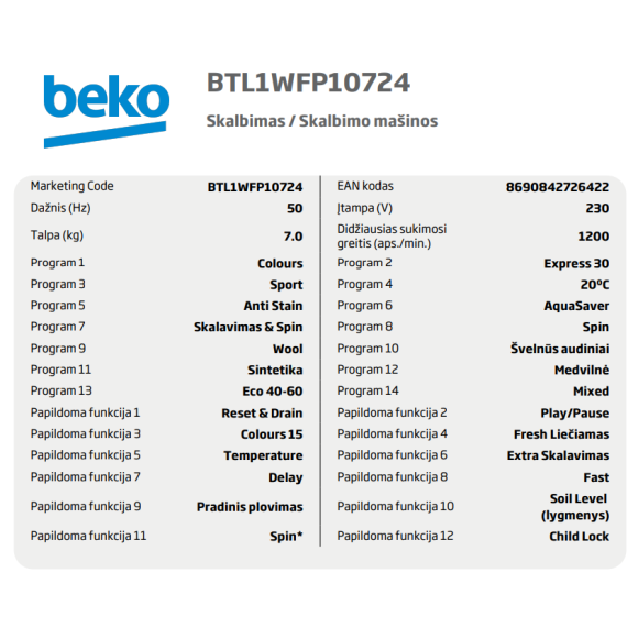 BEKO BTL1WFP10724 (Skalbimo mašina)